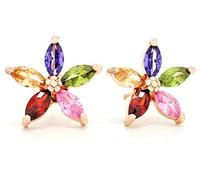 Flower stud 18CT rose gold plated earrings with sparkly marquise different colored gems and purple gift bag with black jewelry box