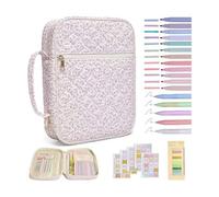 Flower Study Office Supplies with Case, 12 Colored Highlighters, 5 Ballpoint Pens, 75 Bookmarks, 200 Labels, Large Capacity Book Carrying Cover Case for Women Gifts (K)