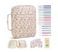 Flower Study Office Supplies with Case, 12 Colored Highlighters, 5 Ballpoint Pens, 75 Bookmarks, 200 Labels, Large Capacity Book Carrying Cover Case for Women Gifts (G)