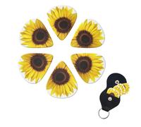 Flower Sunflower Guitar Picks 6 Pack, 0.71mm Thickness Celluloid Bass Pick with Leather Guitar Pick Holder Keychain Abstract Art Pics Plectrum for Acoustic Electric Guitar, Ukulele, Bass