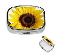 Flower Sunflower Pill Box with Mirror 2 Compartment Decorative Pill Case for Purse or Pocket Small Square Pill Organizer Weekly Metal Medicine Tablet Vitamin Holder Travel Gift
