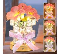Flower Table Lamp, 3-Color Dimmable Artificial Flowers Night Light, Rechargeable Cordless Small Desk Lamp, Morning Glory with Crystal Vase for Date Party Home Decoration (Pink - Morning Glory (B))