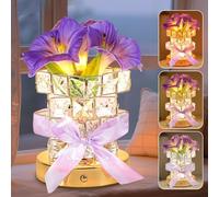 Flower Table Lamp with Vase - 3 Color Changing Touch Control LED Night Light, Rechargeable Crystal Morning Glory Lamp, Stepless Dimming Romantic Decor for Bedroom, Date Night, Party & Home