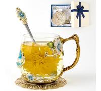 Flower Tea Cup ,Butterfly Daisy Clear Glass Fancy Coffee Mug with Spoon,Gift Box, Hot And Cold Drinks Use,For Her Mom Wife Grandma Girls Friends Valentines Christmas Birthday Present Idea for Juice