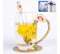 Flower Tea Cup,Butterfly Daisy Glass Fancy Coffee Mug with Spoon,Gift Box for Her Mom Wife Grandma Girls Friends Valentines Christmas Birthday Present Idea for Juice,Hot/Cold Drinks Use (purple)