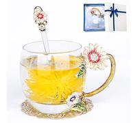Flower Tea Cup,Butterfly Daisy Glass Fancy Coffee Mug with Spoon,Gift Box for Her Mom Wife Grandma Girls Friends Valentines Christmas Birthday Present Idea for Juice,Hot/Cold Drinks Use (purple-A)