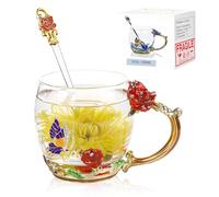 Flower Tea Cup,Butterfly Daisy Glass Fancy Coffee Mug with Spoon,Gift Box for Her Mom Wife Grandma Girls Friends Valentines Christmas Birthday Present Idea for Juice,Hot/Cold Drinks Use (Red rose)