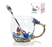 Flower Tea Cup,Butterfly Daisy Glass Fancy Coffee Mug with Spoon,Gift Box for Her Mom Wife Grandma Girls Friends Valentines Christmas Birthday Present Idea for Juice,Hot/Cold Drinks Use (Blue rose)