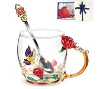 Flower Tea Cup ,Butterfly Rose Clear Glass Fancy Coffee Mug with Spoon,Gift Box for Her Mom Wife Grandma Girls Friends Valentines Christmas Birthday Present Idea for Juice,Hot And Cold Drinks Use