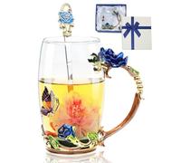 Flower Tea Cup ,Butterfly Rose Clear Glass Fancy Coffee Mug with Spoon,Gift Box for Her Mom Wife Grandma Girls Friends Valentines Christmas Birthday Present Idea for Juice,Hot And Cold Drinks Use