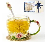 Flower Tea Cup ,Daisy Flower Clear Glass Fancy Coffee Cup with Spoon,Gift Box for Her Mom Wife Grandma Girls Friends Valentines Christmas Birthday Present Idea for Juice,Hot And Cold Drinks Use