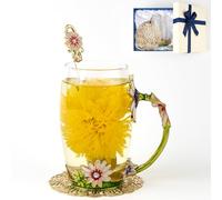 Flower Tea Cup ,Daisy Flower Clear Glass Fancy Coffee Mug with Spoon,Gift Box for Her Mom Wife Grandma Girls Friends Valentines Christmas Birthday Present Idea for Juice,Hot And Cold Drinks Use