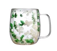 Flower Tea Cup - Green, Transparent Botanical Vessel, Aesthetic Insulated Drinkware, Artistic Double Wall Drinks Container | Morning Ritual With Floral Inn