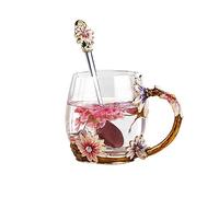 Flower Tea Cup, Handmade Glass Enamel Coffee Mugs with Spoon Enamel Glass Mug for Women Birthday Valentines Wedding