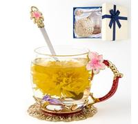 Flower Tea Cup ,Lily flower Clear Glass Fancy Coffee Mug with Spoon,Gift Box for Her Mom Wife Grandma Girls Friends Valentines Christmas Birthday Present Idea for Juice,Hot And Cold Drinks Use