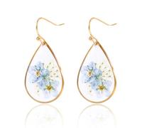 Flower Teardrop Earrings, Forget Me Not Dangle Floral Drop Earrings Sweet Pressed Flower Jewelry for Women (Gold)