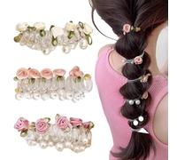 Flower Telephone Wire Hair Bands Rose Flower Hair Ties with Pearls Floral Spiral Hair Ties Flower Pearl Ponytail Holders Hair Accessories for Women Girls Spring Summer Hair Decoration, 3 Colors