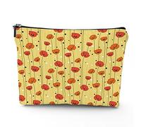 Flower Theme,Linen Cosmetic Bag for Women Makeup Bag,Abstract Lines Dots Floral Arrangement,Organizer Makeup Pouch for Purse Water Resistant Gift,Yellow Orange,7x9in