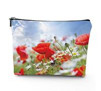Flower Theme,Travel Bag Makeup Case Cosmetic Bag,Spring Meadow Poppy and Daisy,Linen Makeup Bag Great Gift for Travel,Red Green,7x9in