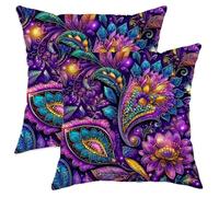 Flower Throw Pillow Covers Set of 2, Bohemian Vibrant Leaf Peacock Summer Violet with Hidden Zipper Cushion Covers Pillow for Home Bedroom Living Room Sofa Couch Decor 22x22 Inch