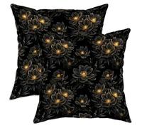 Flower Throw Pillow Covers Set of 2, Elegant Modern Leaf Gold Accents Fall Black Soft Velvet Washable Accents Pillows Cases for Living Room Bed Office Sofa Chair Decor 16x16 Inch
