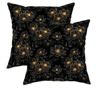 Flower Throw Pillow Covers Set of 2, Elegant Modern Leaf Gold Accents Fall Black with Hidden Zipper Couch Pillow Covers for Living Room Bedroom Loft Office Car Decor 22x22 Inch