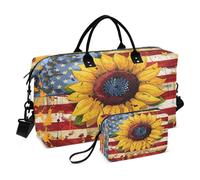 Flower Travel Duffle Bag Gym Bag, American Flag Sunflower Painting Weekender Bags for Women with Toiletry Bag Travel Tote Bag Swim Bag