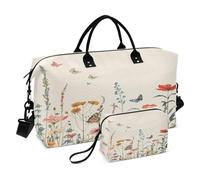 Flower Travel Duffle Bag Gym Bag, Hand Drawn Flowers Butterflies Weekender Bags for Women with Toiletry Bag Travel Tote Bag Swim Bag