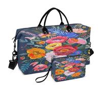 Flower Travel Duffle Bag Gym Bag, The Vibrant Gouache Illustrated A Bunch of Flowers Weekender Bags for Women with Toiletry Bag Travel Tote Bag Swim Bag