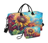Flower Travel Duffle Bag Gym Bag, Vibrant Sunflower Oil Painting Weekender Bags for Women with Toiletry Bag Travel Tote Bag Swim Bag