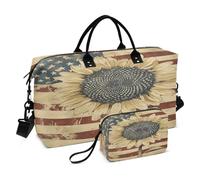 Flower Travel Duffle Bag Gym Bag, Vintage Sunflower American Flag Weekender Bags for Women with Toiletry Bag Travel Tote Bag Swim Bag