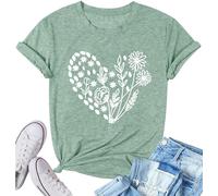 Flower Tshirts Shirts for Women Cute Dandelion Tshirt Casual Short Sleeve Wildflower Floral Heart Print Graphic Tee Tops, Pale Green, XXL
