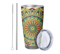 Flower Tumbler with Lid, Rustic Boho Flower Tumbler, Cute Green Yellow Flower Tumbler, Stainless Metal Tumbler, Hot Cold Insulation, for Office, Outdoor, Club, Dorm