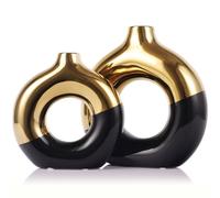 Flower Vase for Home Decor - Gold and Black Ceramic Vase Set of 2, Donut Black Vases for Decor, Modern Boho Decorative Vase, Round Hollow Pampas Grass Vase, Dining Table, Mantel & Centerpiece