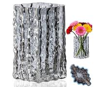 Flower Vase Glass, Gray Glass Vase for Flowers, Glacier-Patterned Vase Ornaments, Decorative Vase for Living Room Bedroom Office Holiday Party, Crystal Vase Gifts for Friends Woman Wedding (Gray)