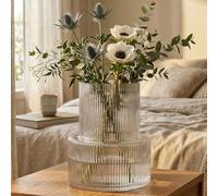 Flower Vase Home Decoration, Ribbed Glass Vase for Flowers, Small Vase for Pampas Grass/Daffodil/Tulip/Rose， Small Glass Vase for Living Room/Table Decoration, Clear Vase Modern(Transparent)