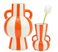 Flower Vases Set Colourful Striped Orange White in 2 Sizes - Modern Ceramic Vase as Living Room Decoration