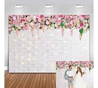 Flower Wall Backdrop Glitter White Brick Wall Flowers Photography Background Valentine Mother's Day Wedding Bridal Baby Shower Birthday Party Spring Theme Decor Photo Booth Prop 8x6FT