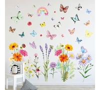 Flower Wall Stickers Colorful Butterfly Wall Stickers Daisy Rainbow Kids Wildflower Butterflies for Kids Girls Bedrooms Living Room Nursery Decoration