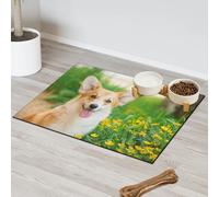 Flower Welsh Corgi Pet Feeding Mat for Cat Dog Water Bowl Food Mats Cute Corgi Pet Feeding Mats Absorbent Nti-Slip Contain Spills Protects Floors Placemat 60.9 x 81.2 cm