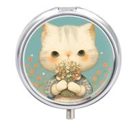 Flower White Cat Pill Case Box with 3 Compartment Medicine Vitamin Organizer for Purse Pocket 5x5cm