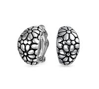 Flower Wide Half Hoop Clip On Earrings For Women Curved Non Pierced Ears Oxidized Sliver Plated Brass