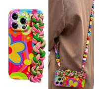 Flower with Lanyard Neck Strap Silicone Phone Case for Iphone 15, 14, 13, 12 Series, Crossbody Case with Lanyard and Wristband Kickstand (for iphone 12,Woven wristband)