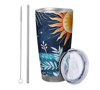 flower with lid tumbler Set Of 1 Abstract Bohemian Botanical Leaves Moon Sunflower Leaves blue orange Insulated Can Cooler No Spill Insulated School college nursery Stemless Double Wall 20 Ounce