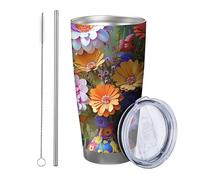 flower with lid tumbler Set Of 1 Bohemian 3D Floral Bottle Brautiful Artistic Aesthetic orange green Metal Hot And Cold No Spill Shatterproof Office Outdoor Club Dorm Coffee drinking cup 20 Ounce