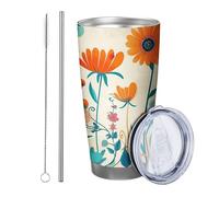 flower with lid tumbler Set Of 1 Bohemian Abstract Cottage Artistic Leaves Farmhouse orange blue Stainless Hot And Cold Insulated No Spill Office Outdoor Club Dorm Coffee drinking cup 20 Ounce