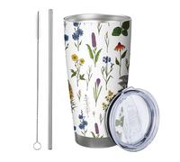 flower with lid tumbler Set Of 1 Botanical Regular Designs Beautiful Floral Plant Lavender green yellow Stainless Metal Hot And Cold Insulated Office Outdoor Club Dorm Coffee drinking cup 20 Ounce