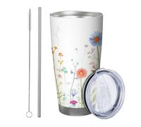 flower with lid tumbler Set Of 1 Cottage Floral Aesthetic Butterfly Botanical Leaves Beautiful blue green Powder Coated Hot And Cold No Spill Office Outdoor Club Dorm Stemless Double Wall 20 Ounce