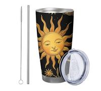 flower with lid tumbler Set Of 1 Cute Funny Abstract Sunflower Beautiful Cloud Leaves black orange Stainless Metal Reusable No Spill Shatterproof Outdoor Picnic gym with straw Cold Drinks 20 Ounce
