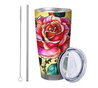 flower with lid tumbler Set Of 1 Farmhouse Rustic Cottage Floral Leaves Bohemian Pattern yellow pink Insulated Metal Can Cooler No Spill Insulated School college nursery Stemless Double Wall 20 Ounce
